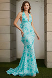 Green Mermaid Halter Printed Long Prom Dress with Bow