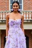 Lilac Floral A-Line Spaghetti Straps Long Prom Dress with 3D Flowers