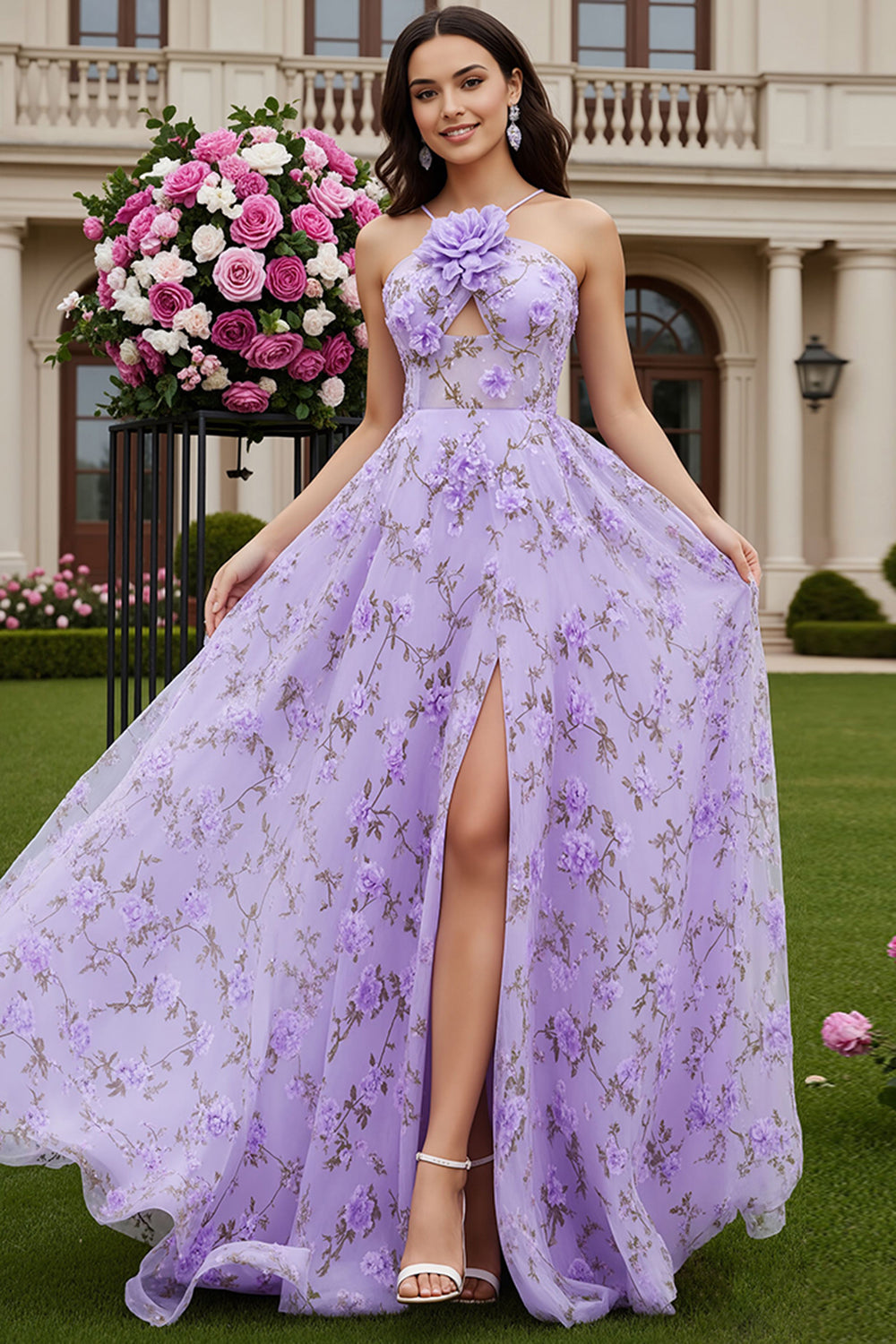 ZAPAKA Women Lilac Halter Long Prom Dress with Slit A-Line Floral Cut Out Party Dress with 3D Flower, Lilac / US16 ZAPAKA Women Lilac Halter Long Prom Dress with Slit A-Line Floral Cut Out Party Dress with 3D Flower, Lilac / US16