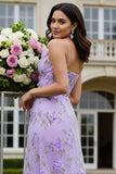 Lilac A-Line Halter Cut Out 3D Flower Long Prom Dress with Slit