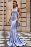 Light Blue Mermaid Beaded Halter Long Prom Dress with Bow