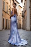 Light Blue Mermaid Beaded Halter Long Prom Dress with Bow