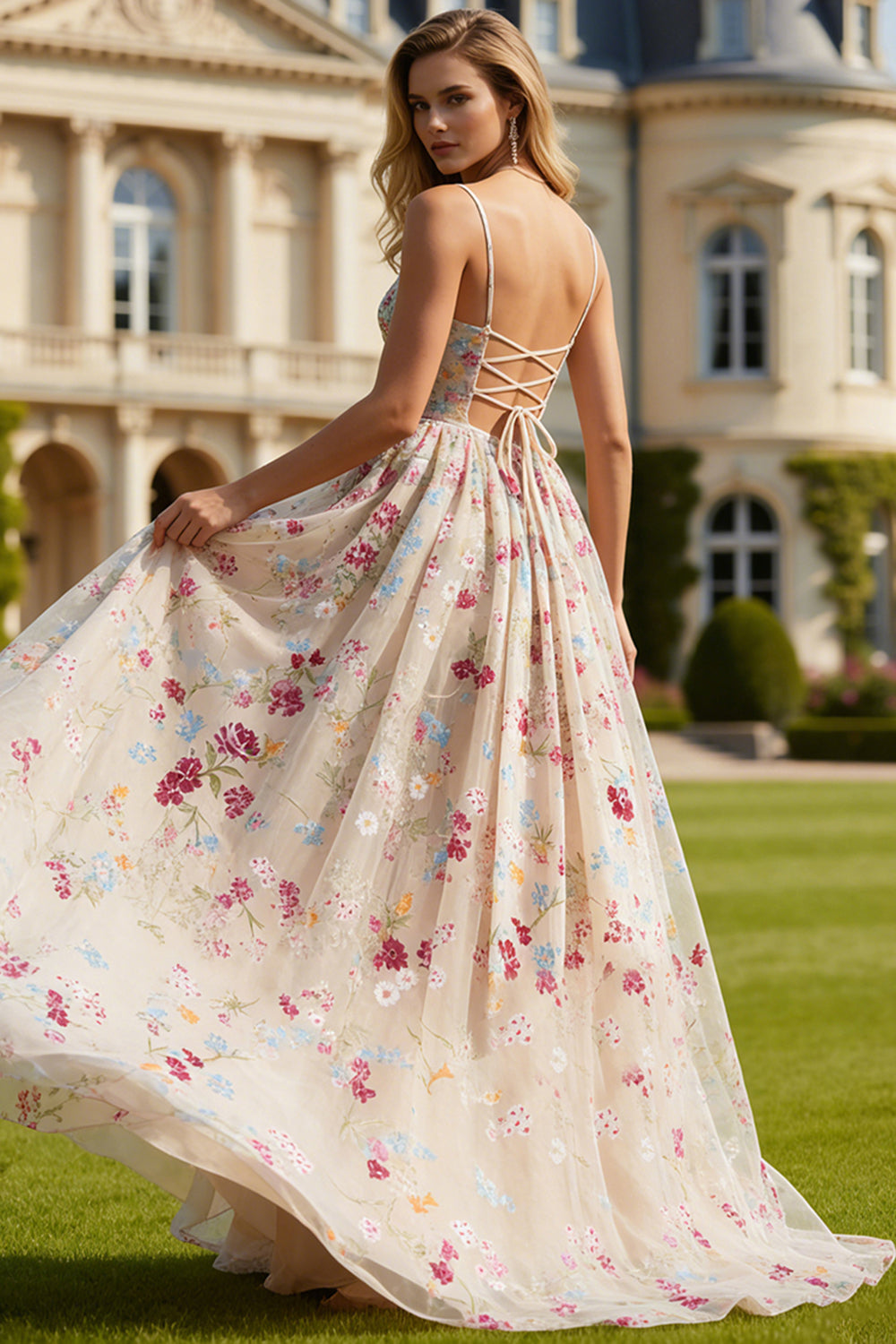 Ivory Flower A-Line Corset Lace Up Back Long Prom Dress with Bow Ivory Flower A-Line Corset Lace Up Back Long Prom Dress with Bow