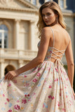 Ivory Flower A-Line Corset Lace Up Back Long Prom Dress with Bow