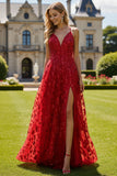 Red A-Line V-Neck Sequin Long Prom Dress with Slit