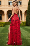 Red A-Line V-Neck Sequin Long Prom Dress with Slit