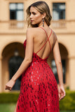 Red A-Line V-Neck Sequin Long Prom Dress with Slit