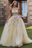 Light Yellow A-Line Spaghetti Straps Embroidered Tulle Long Prom Dress