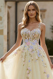 Light Yellow A-Line Spaghetti Straps Embroidered Tulle Long Prom Dress
