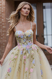 Light Yellow A-Line Spaghetti Straps Embroidered Tulle Long Prom Dress