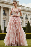 Blush Flower Ruffled A-Line Cut Out Long Prom Dress with Bows