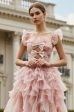 Blush Flower Ruffled A-Line Cut Out Long Prom Dress with Bows