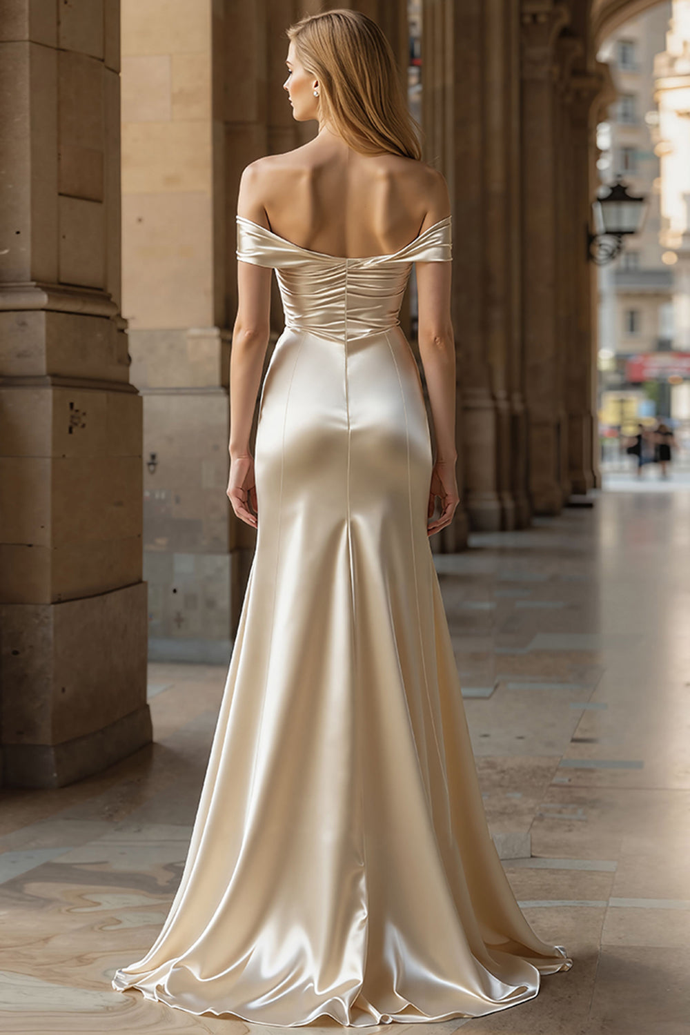 Zapaka Women Champagne Long Prom Dress with Slit Off The Shoulder Mermaid Satin Evening Dress with Bow, Champagne / US4 Zapaka Women Champagne Long Prom Dress with Slit Off The Shoulder Mermaid Satin Evening Dress with Bow, Champagne / US4