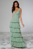 Light Green Chiffon Ruffled A Line Long Bridesmaid Dress