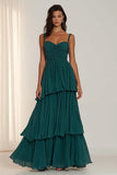 Dark Green Spaghetti Straps Ruffled A Line Long Bridesmaid Dress