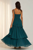 Dark Green Spaghetti Straps Ruffled A Line Long Bridesmaid Dress