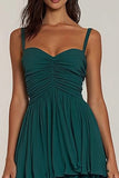 Dark Green Spaghetti Straps Ruffled A Line Long Bridesmaid Dress