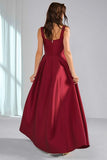 Burgundy Satin Thick Straps Ruched A Line Long Bridesmaid Dress