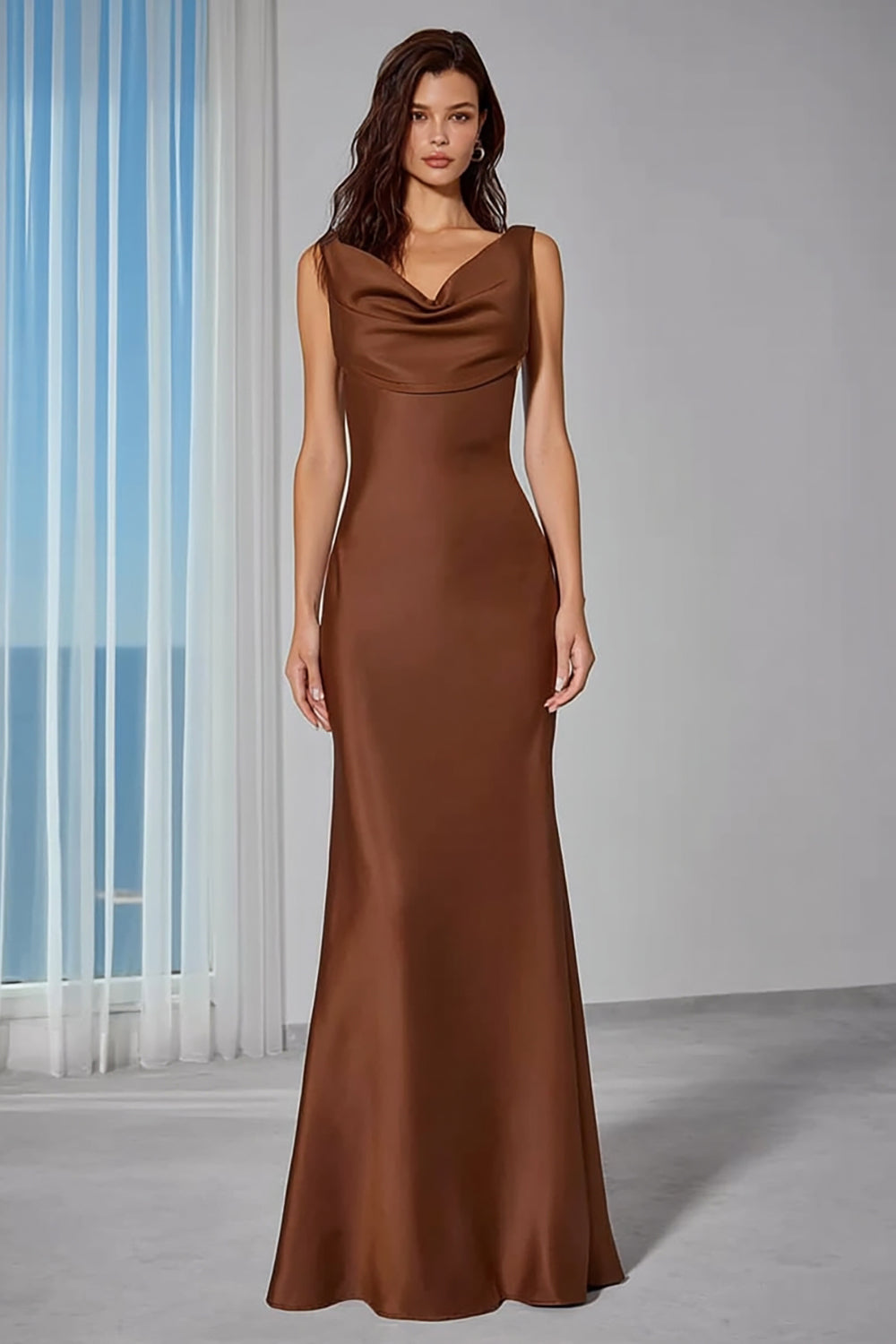 Zapaka Women Brown Satin Long Bridesmaid Dress Cowl Neck Mermaid Wedding Guest Dress, Brown / US12 Zapaka Women Brown Satin Long Bridesmaid Dress Cowl Neck Mermaid Wedding Guest Dress, Brown / US12