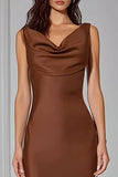 Brown Satin Cowl Neck Mermaid Long Bridesmaid Dress