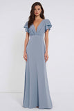 Dusty Blue Chiffon V Neck A Line Long Bridesmaid Dress with Flutter Sleeves