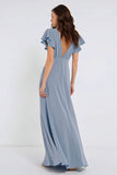 Dusty Blue Chiffon V Neck A Line Long Bridesmaid Dress with Flutter Sleeves