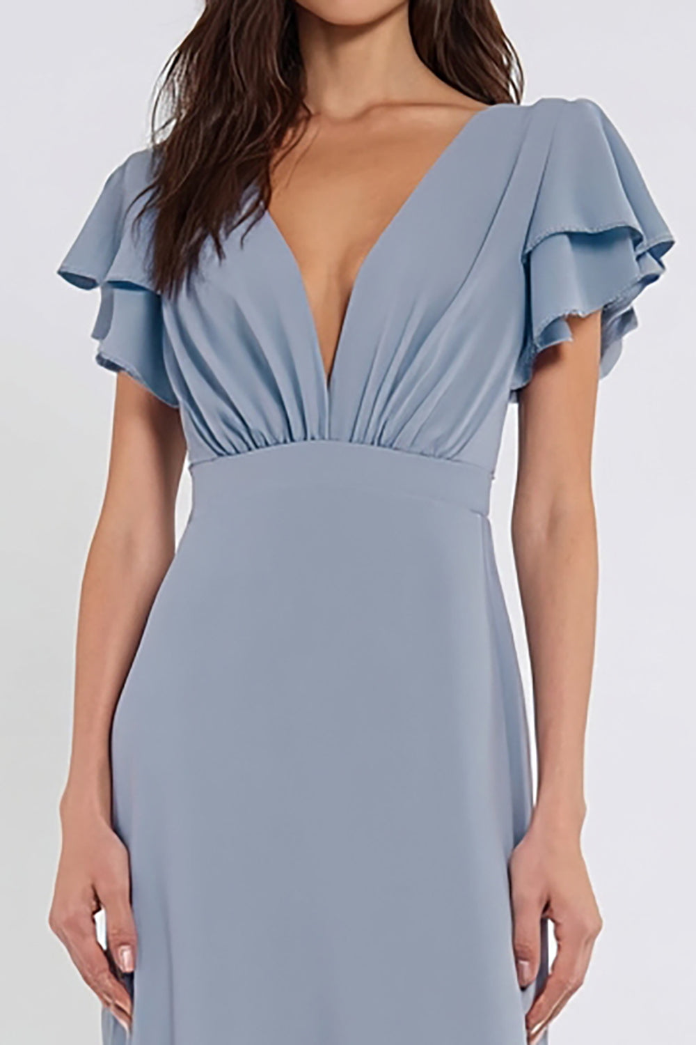 Zapaka Women Dusty Blue Chiffon Long Bridesmaid Dress with Sleeves V Neck A Line Ruched Wedding Guest Dress, Grey Blue / US24W Zapaka Women Dusty Blue Chiffon Long Bridesmaid Dress with Sleeves V Neck A Line Ruched Wedding Guest Dress, Grey Blue / US24W