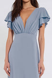 Dusty Blue Chiffon V Neck A Line Long Bridesmaid Dress with Flutter Sleeves