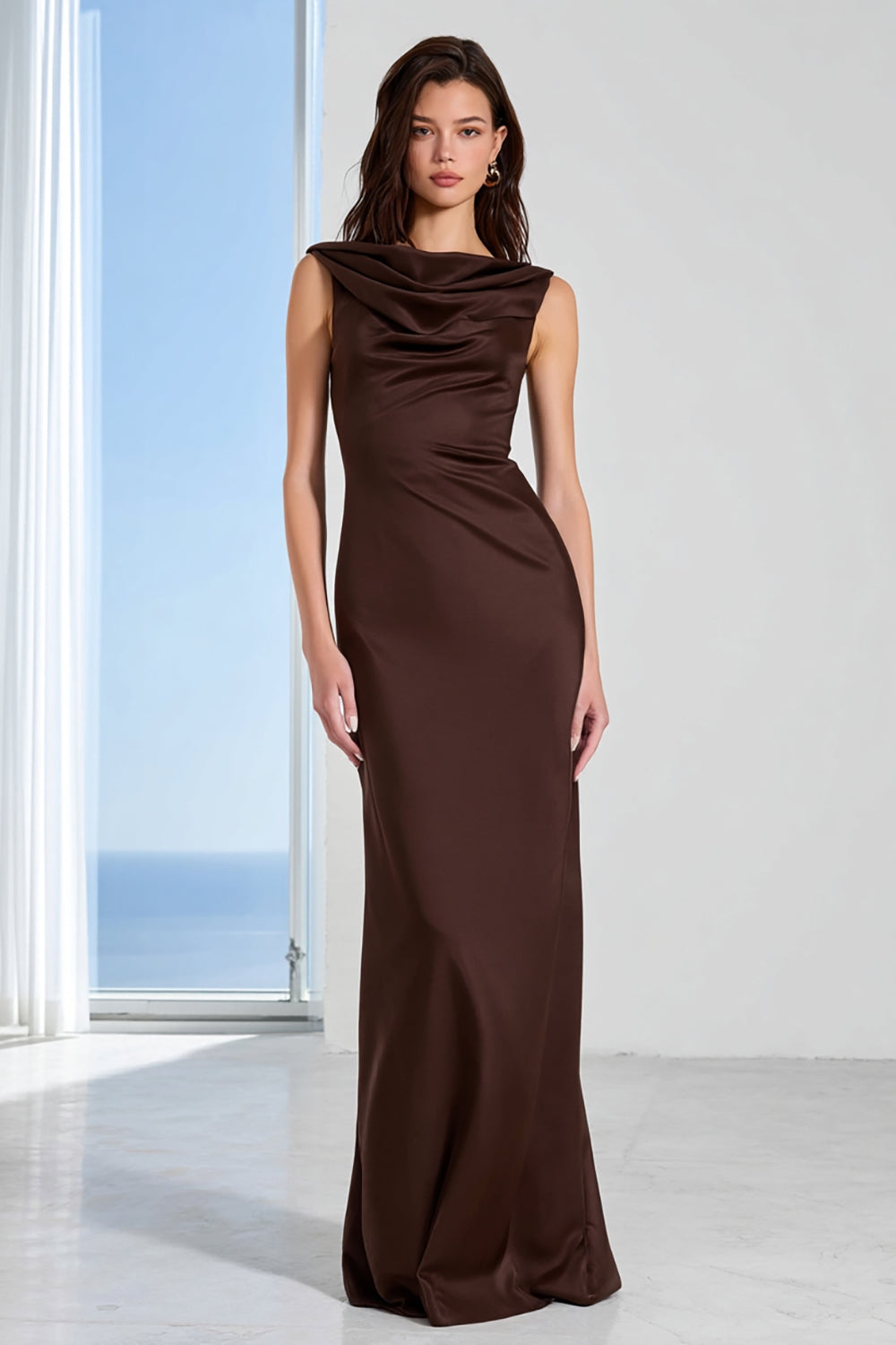 Zapaka Women Coffee Long Bridesmaid Dress Bateau Neck Sheath Satin Wedding Guest Dress, Coffee / US8 Zapaka Women Coffee Long Bridesmaid Dress Bateau Neck Sheath Satin Wedding Guest Dress, Coffee / US8