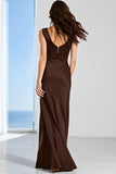 Coffee Bateau Neck Sheath Long Bridesmaid Dress