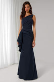Navy One Shoulder Mermaid Long Bridesmaid Dress with Sash