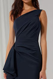 Navy One Shoulder Mermaid Long Bridesmaid Dress with Sash