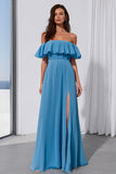 Blue Off the Shoulder Ruffled A line Long Bridesmaid Dress with Slit