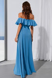 Blue Off the Shoulder Ruffled A line Long Bridesmaid Dress with Slit