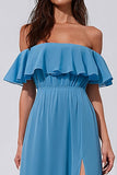 Blue Off the Shoulder Ruffled A line Long Bridesmaid Dress with Slit