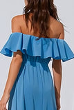 Blue Off the Shoulder Ruffled A line Long Bridesmaid Dress with Slit