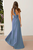 Dusty Blue Halter Neck A Line Long Bridesmaid Dress