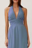 Dusty Blue Halter Neck A Line Long Bridesmaid Dress