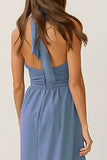 Dusty Blue Halter Neck A Line Long Bridesmaid Dress