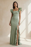 Dusty Sage Square Neck Ruffled Sheath Long Bridesmaid Dress with Slit