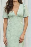 Dusty Sage Floral V Neck A Line Long Bridesmaid Dress with Short Sleeves
