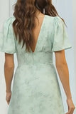 Dusty Sage Floral V Neck A Line Long Bridesmaid Dress with Short Sleeves