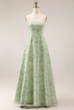 Dusty Sage Floral Strapless A Line Long Bridesmaid Dress