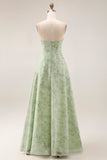 Dusty Sage Floral Strapless A Line Long Bridesmaid Dress