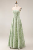 Dusty Sage Floral Strapless A Line Long Bridesmaid Dress