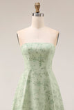 Dusty Sage Floral Strapless A Line Long Bridesmaid Dress