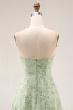 Dusty Sage Floral Strapless A Line Long Bridesmaid Dress