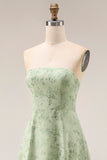Dusty Sage Floral Strapless A Line Long Bridesmaid Dress