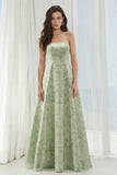 Dusty Sage Floral Strapless A Line Long Bridesmaid Dress