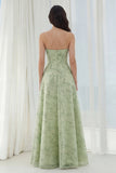 Dusty Sage Floral Strapless A Line Long Bridesmaid Dress